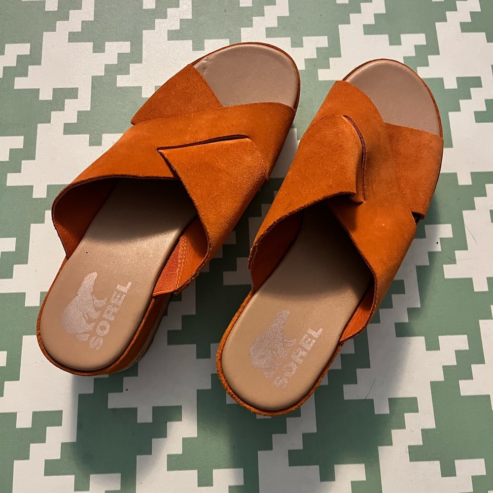 Sorel Orange Suede Crossband Slide Sandals